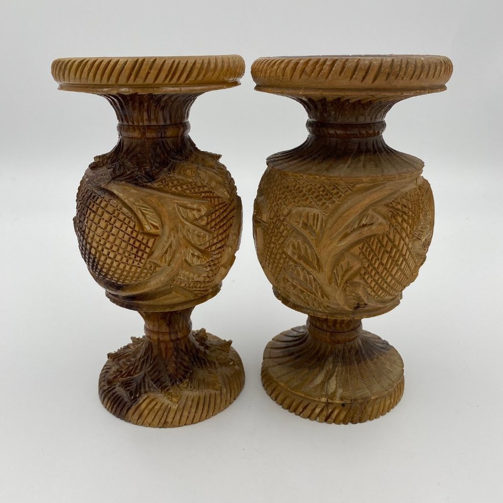 Lot of 2 Vintage Hand Carved Olive Wood Vase Camel Palm Tree Animal Plant Israel - Picture 2 of 9